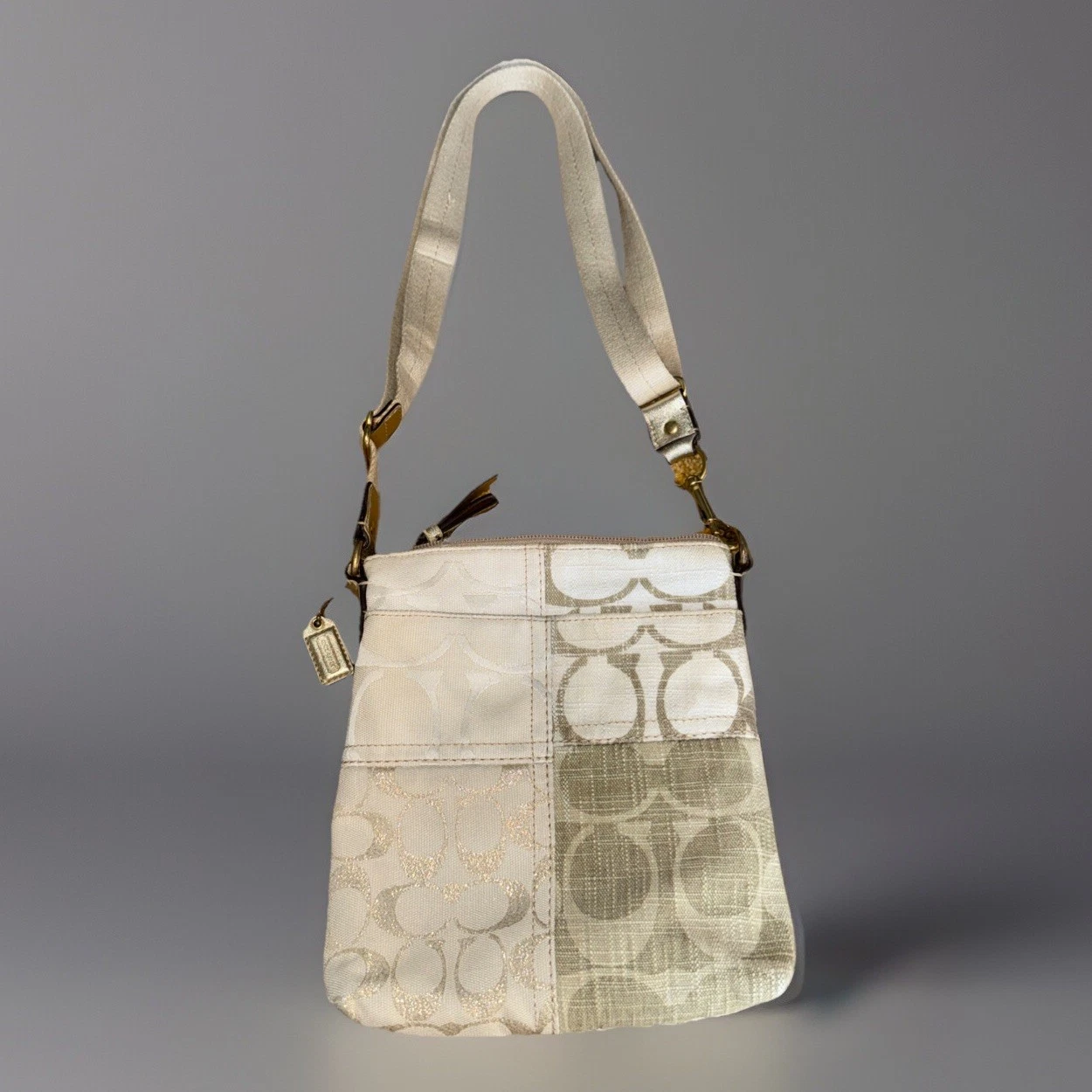 BORSA A TRACOLLA COACH BIANCA ORO FIRMA PATCHWORK SWINGPACK BORSETTA BORSETTA