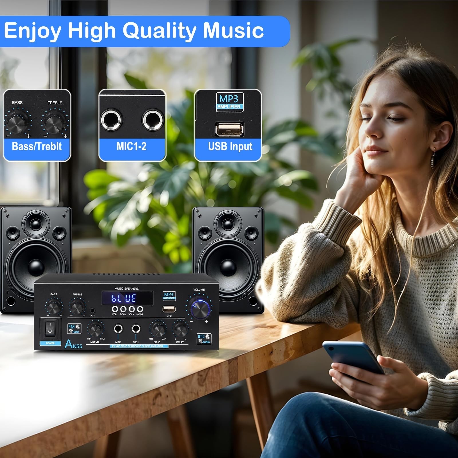Stereo Amplifier Home Audio Bluetooth 5.0 Max 450W Power Stereo Receiver AK55