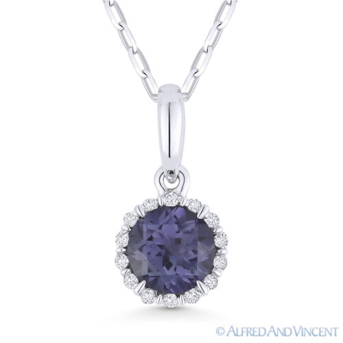 0.74ct Round Cut Alexandrite & Diamond Halo Pendant & Necklace in 14k White Gold - Picture 2 of 2