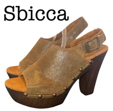 Sbicca Metallic Leather Slingback Peeptoe Platform Sandals Size 10