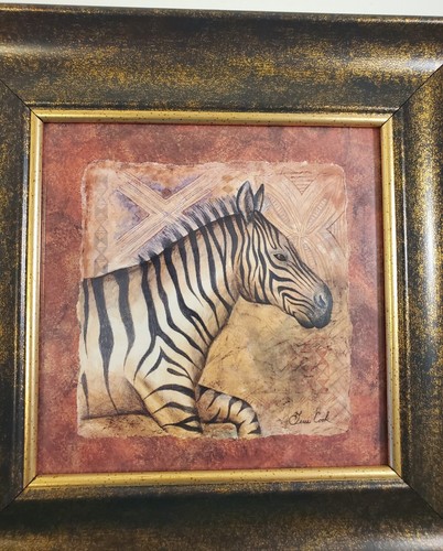 Zebra Safari Wall Picture Signed By Artist Terri Cook Gold Black Frame 9" x 9" - Picture 5 of 5