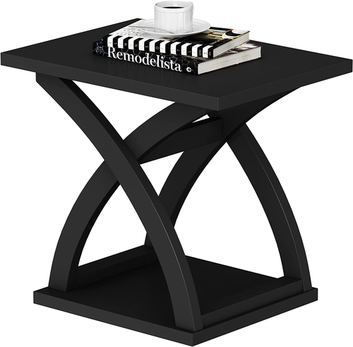 Mesa auxiliar moderna con estante de almacenamiento Mesa auxiliar diseño X negra - Imagen 9 de 12