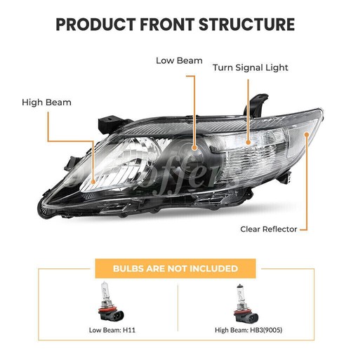 Headlights For 2010 2011 Toyota Camry Black LE SE XLE Headlamps Left+Right Pair - Picture 3 of 11