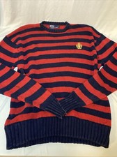 Vintage Polo Ralph Lauren Mens Size LG Red Blue Striped Cable Knit Sweater Crest