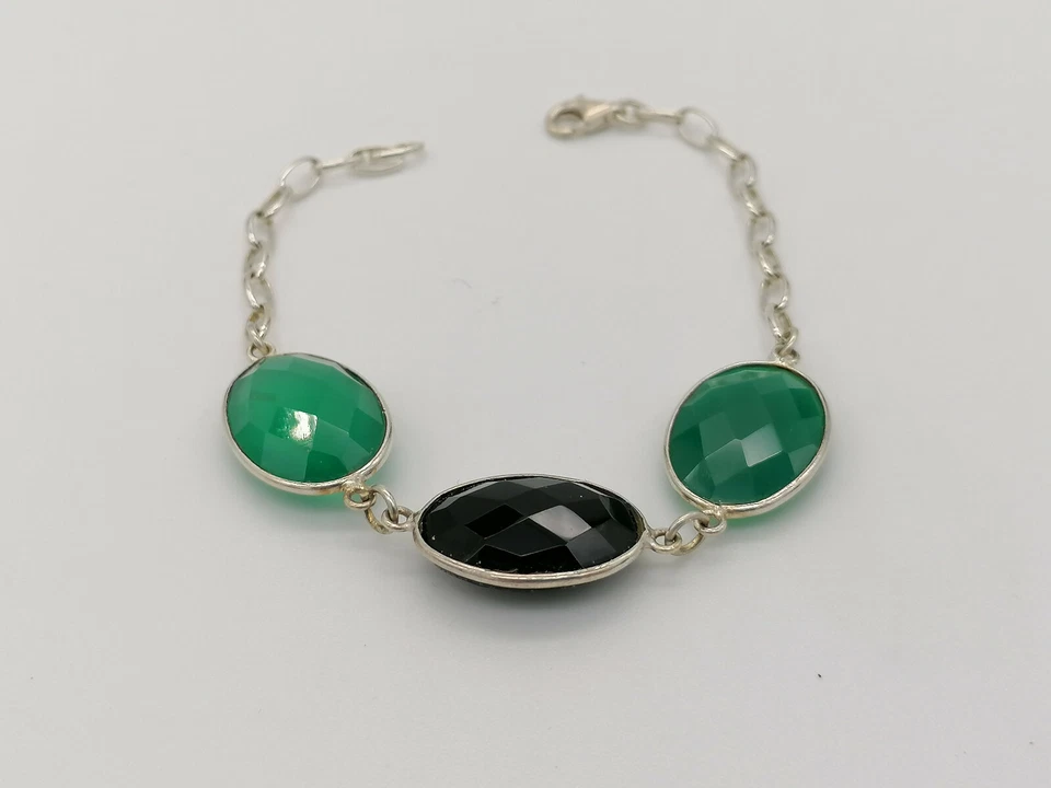 Pulsera Mujer Plata 925 Blanco Con Ágata Verde Y Ónix Hecho En Italia - Imagen 4 de 4