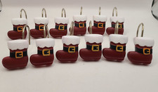 12 piece Santa Claus Boots Shower Curtain Hooks Rings Christmas Bathroom Decor