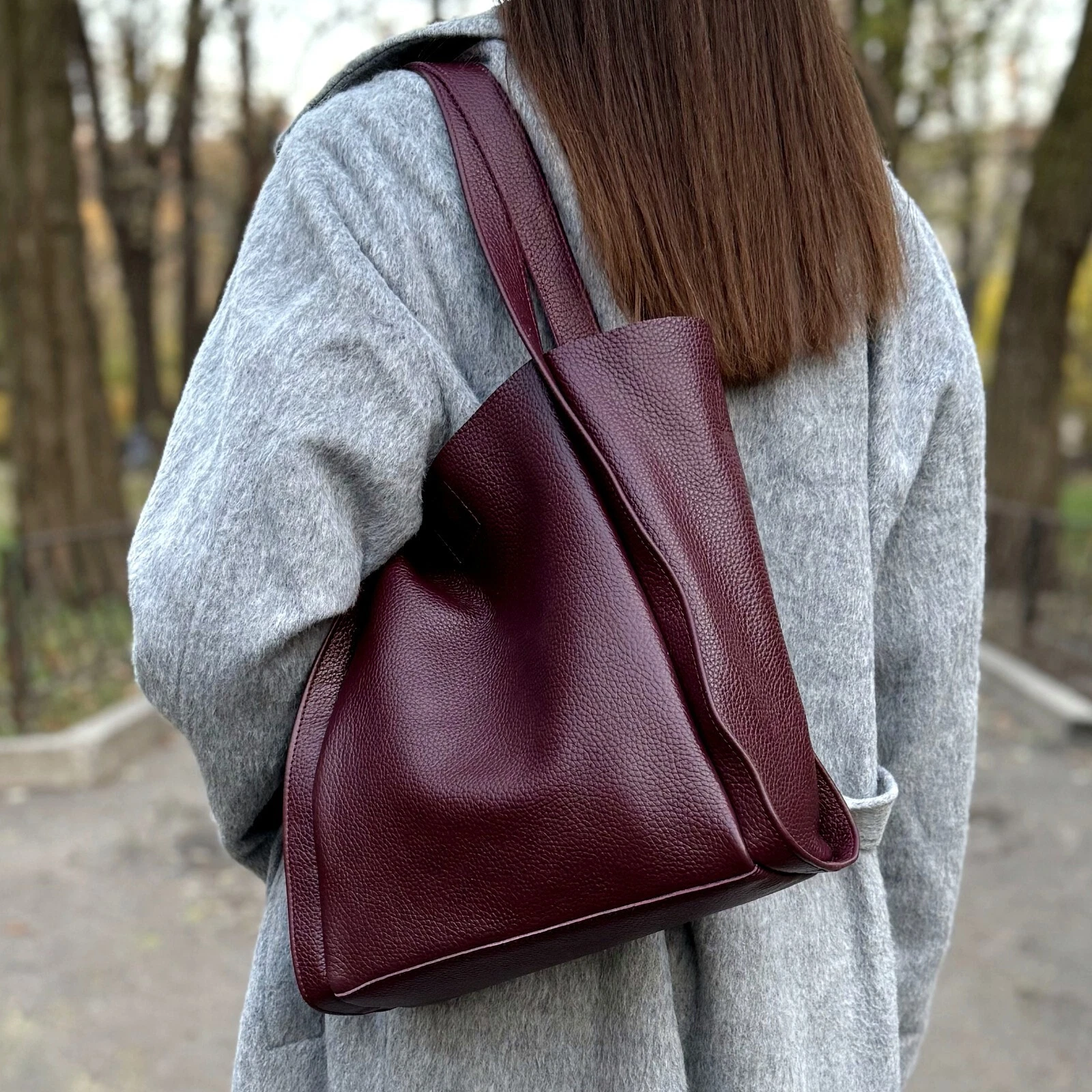 Women's Burgundy Handbag Pebbled Leather Wine Red Shoulder Bag Tote Shopper