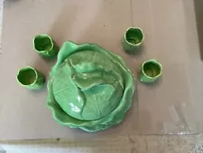 ceramic cabbage bowl with lid and 4 cups Seventies