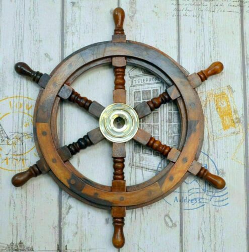 18" Brass Nautical Brown Wooden Streaming Pirate Ships Wheel Sea Wall Décor... - Picture 1 of 3