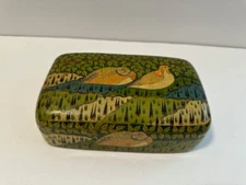 Vintage Handmade Kashmir Trinket Box Birds India Green Trees Leaves