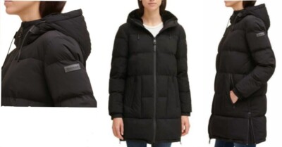 DKNY Women's Quilted Hooded Zip Front Jacket (Black,L)