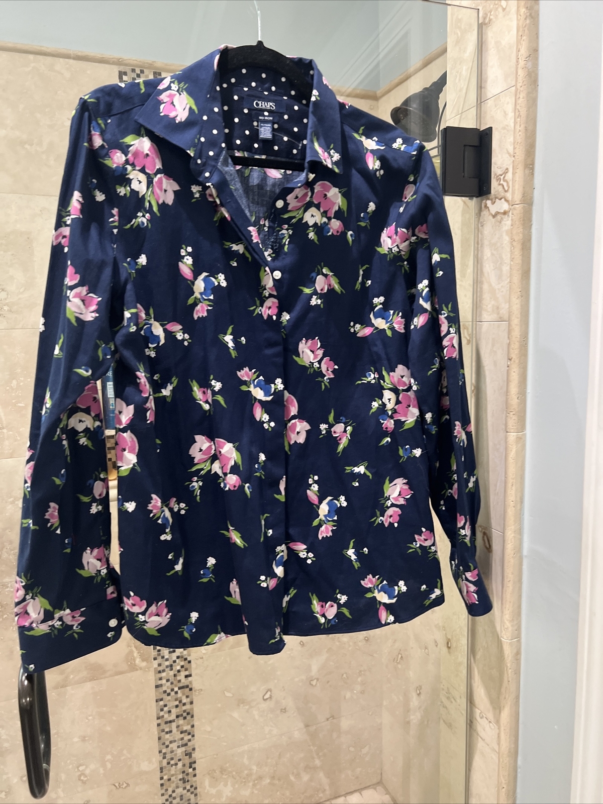 CHAPS Shirt Button Front L/S Blue Brown Floral No Iron  Collar Top Women's XL image 2