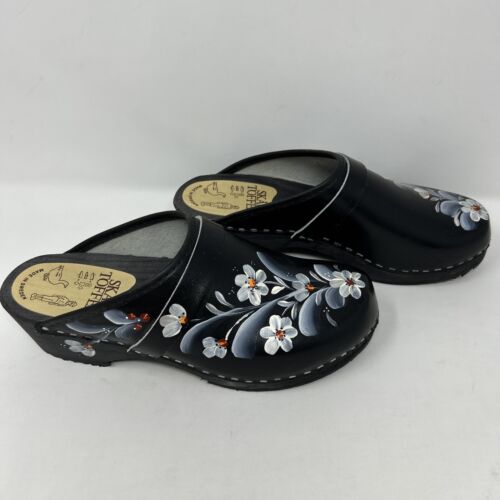 Skane Toffeln Swedish Leather Clogs Slip On Painted Black/Floral size 40 (971) - Picture 3 of 10