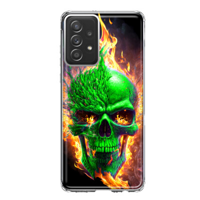 For Samsung Galaxy A52 Shockproof Hybrid Case, Green Flaming Fire Skull