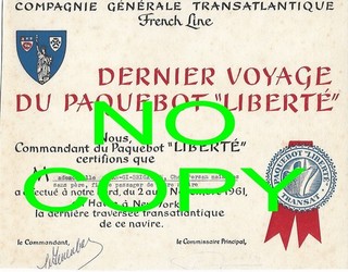 CERTIFICAT DERNIER VOYAGE du PAQUEBOT LIBERTE 1961