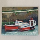 Original Red Fishing Boat Oil Painting Coastal Harbor Art 11x14 Wood Panel — photo 1