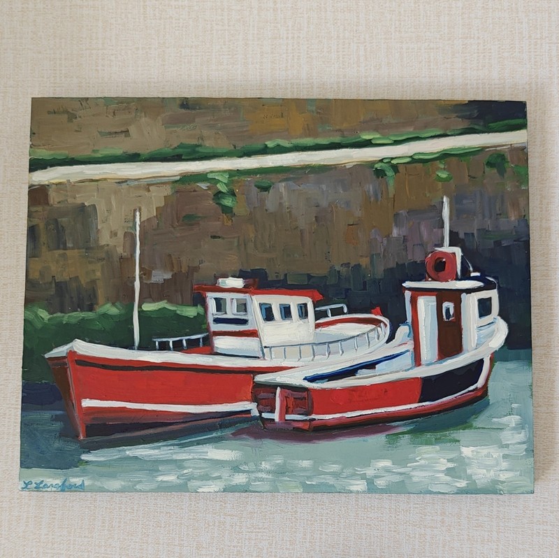 Original Red Fishing Boat Oil Painting Coastal Harbor Art 11x14 Wood Panel