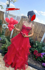 Red Strapless Beaded Corset Bodice Tiered Tulle Formal Prom Dress Size 6