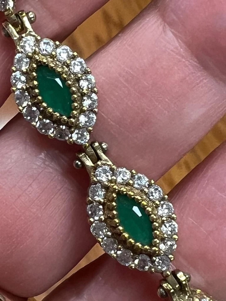 Genuine Green Tourmaline 14K Gold on 925 REAL White Sapphires statement Bracelet - Image 3 of 4