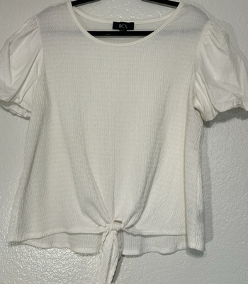 BCX Women's White Textured Solid Tie Front Puff Short Sleeve Blouse XL Regular