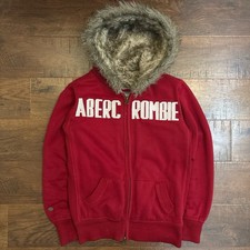 Vintage Abercrombie  Fitch Fur Lined Hoodie Red Y2K Full Zip Fitted Women Small