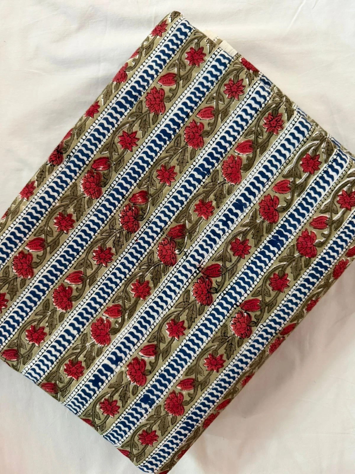 Red Floral Stripe Hand Block Printed Indian Fabric by 5 Yard