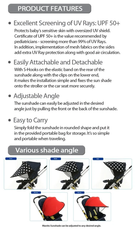 Protector de cochecito de protección UV ajustable portátil Manito Baby Sun Sombrilla UPF 50 Foto 3 de 4