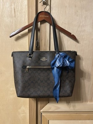 Coach Signature Monogram Tote Brown Zip w/ Front Zip Pocket, Charm & Pockets