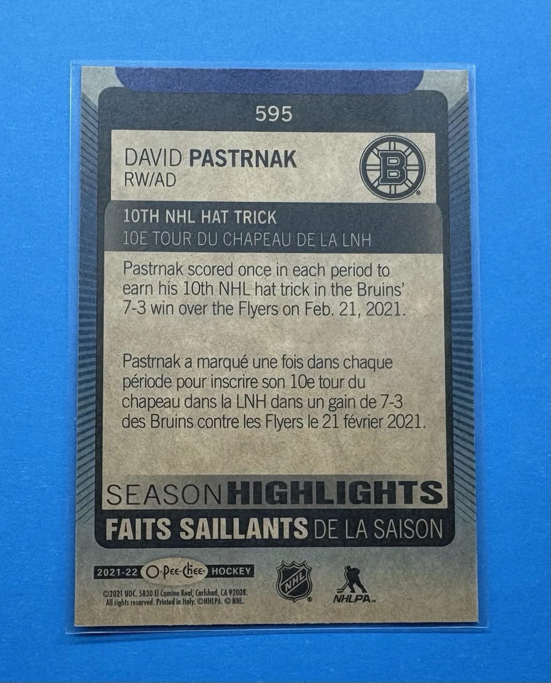 2021-22 O-Pee-Chee David Pastrnak  BLUE BORDER #595 Season Highlights Boston 🔥✨ - Image 2 of 4