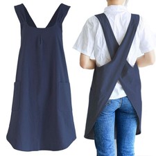 Japanese Cotton Linen Cross Back Cooking Apron For Women Men Pockets Smock