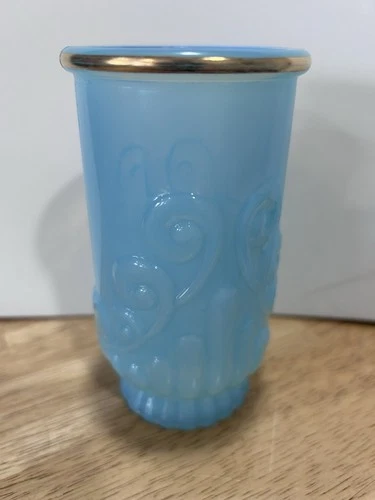 Vintage Avon Wind song Vanity Bristol Blue Milk Glass 5” Vase W/Goldtrim (grnto)