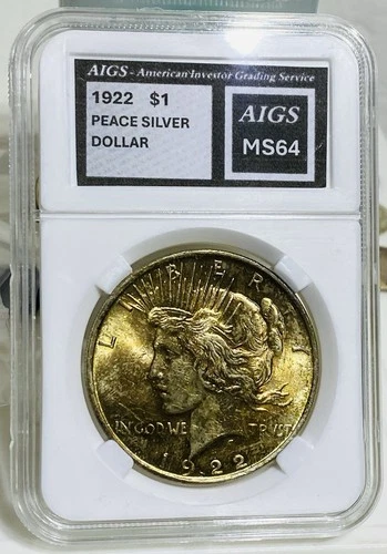1922 p PEACE DOLLAR MS64 - GRADED by AI ! Deep Gold Toned Obverse!