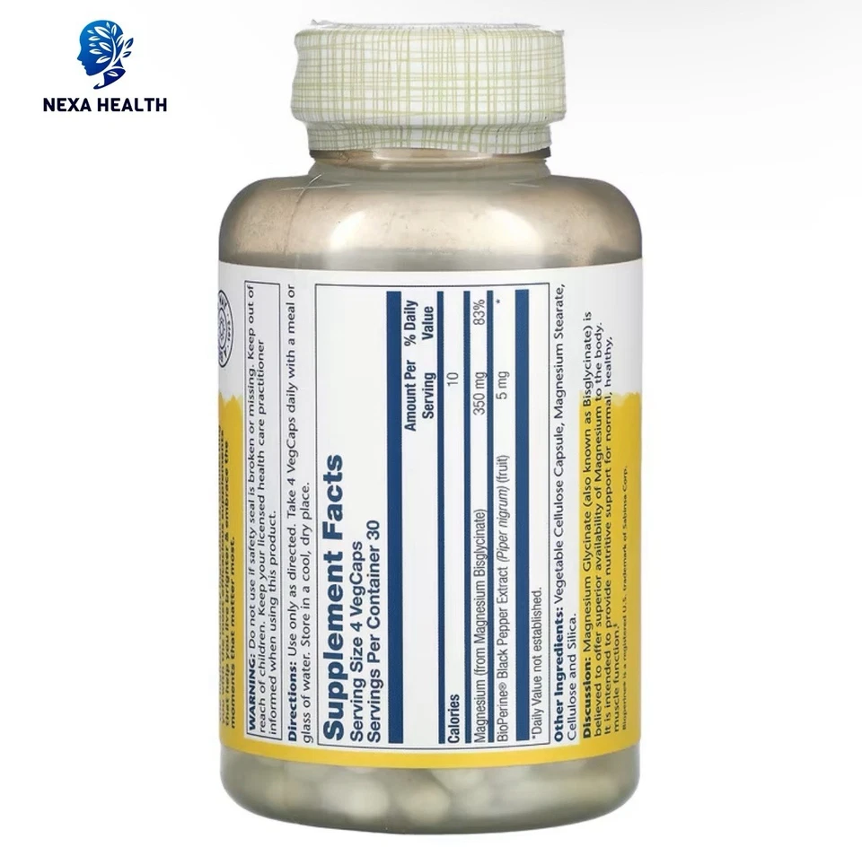 Solaray Higher Absorption Magnesium Glycinate 350mg 240 Caps Exp 03/29 - Image 2 of 2