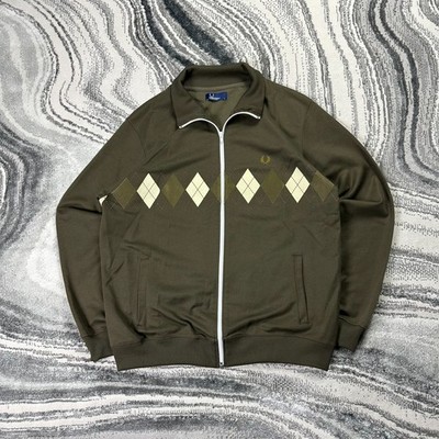 Vintage Fred Perry Argyle Oversized Lrg Khaki Tracksuit Funnel Neck Track Jacket