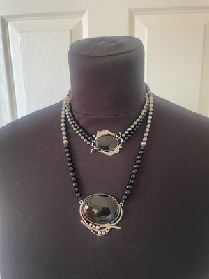 Vintage Unikat Yoell Schwarz Onyx und 925 Silber Halskette & Armband Set Gebraucht