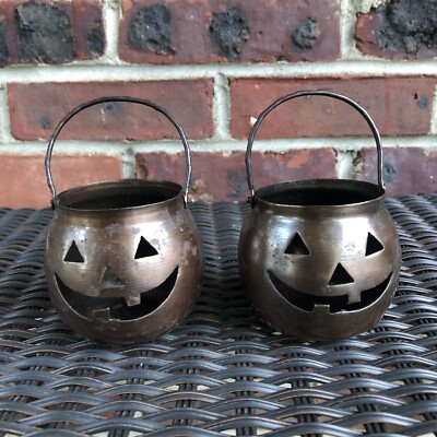 Hosley Halloween Pumpkin Candle Holders Metal Votive Jack-o'-lanterns Lot of 2
