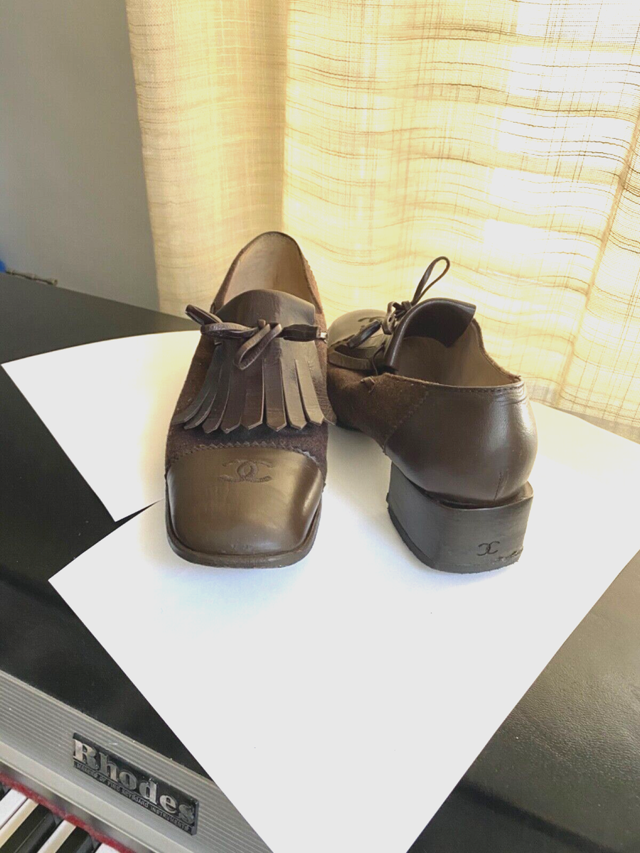 Chanel brown leather suede toe cap slip on loafers dress shoes 11B