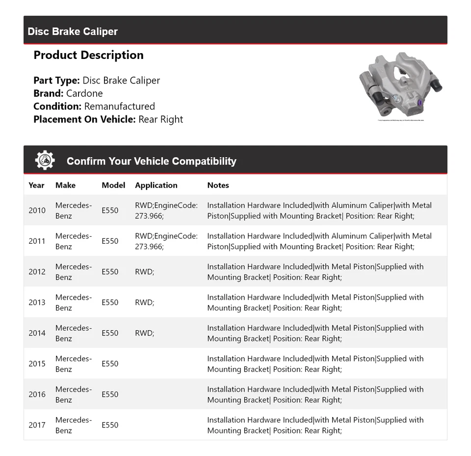 Pinza de freno de disco trasera derecha cardone 2011 2012 para Mercedes-Benz E550 2010-2017 Foto 2 de 4