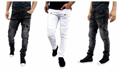 Etzo Mens biker jeans, Skinny fit premium Ripped Distressed Denim 4 Colors  - Picture 1 of 12