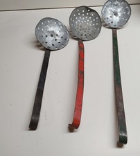 Vintage Ice Fishing Metal Skimmers Ladle Strainer Scoop LOT 3 Kitchen Heavy Duty