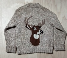 Vtg Cowichan Deer Buck Wool Hand Knit Shawl SweaterS Zip Up Jacket