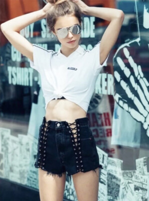 LF Furst of kind Double lace up front frayed denim shorts