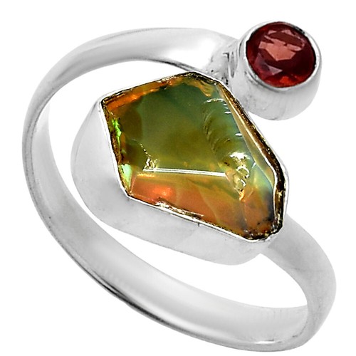 Ethiopian Opal Rough & Garnet 925 Sterling Silver Ring s.8 Jewelry R-1205 - Picture 3 of 5