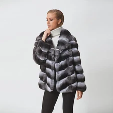 Womens Real Rex Rabbit Fur Coat Natural Chinchilla Color Jacket Lapel Outwear