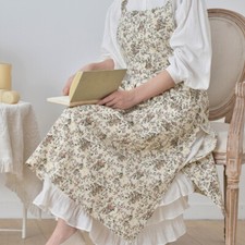 Women Retro Floral Apron Cover Up Cottagecore Kitchen Workwear Pocket Pleated