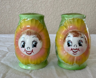 Vintage PY Flower Cabbage Rose Faces Salt Pepper Shakers Anthropomorphic Japan
