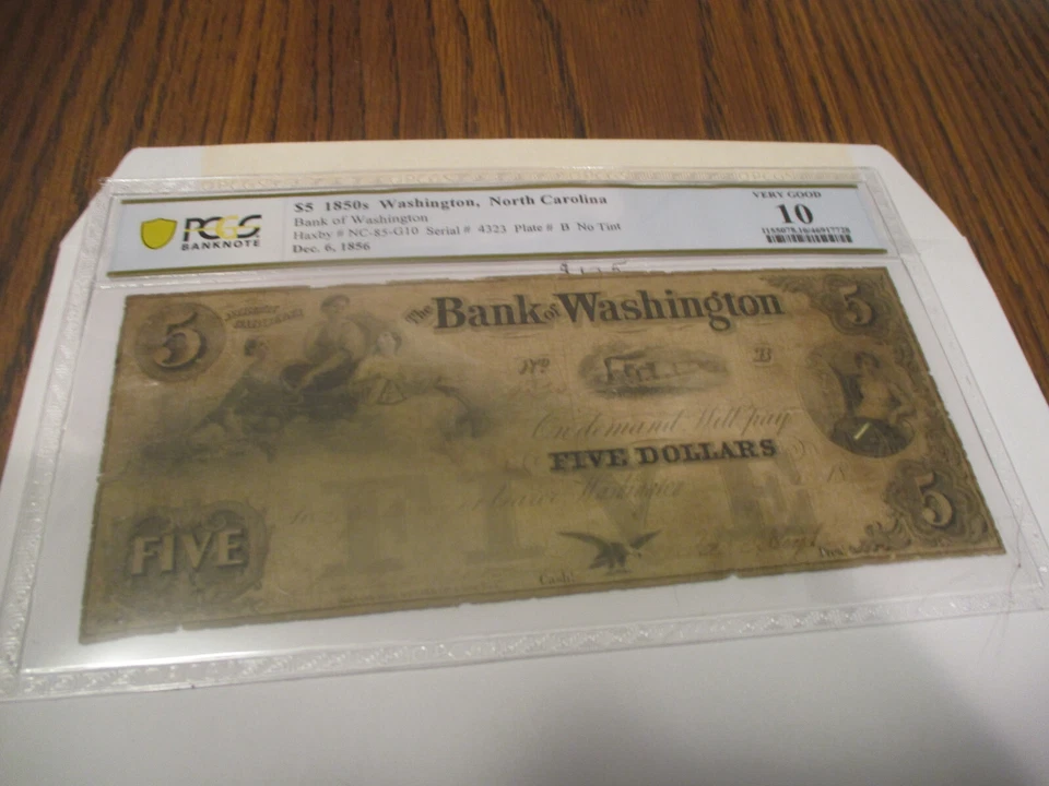 1856 $5 BANK OF WASHINGTON (N.CAROLINA) CIRCULATED PCGS-10 - Image 2 of 4