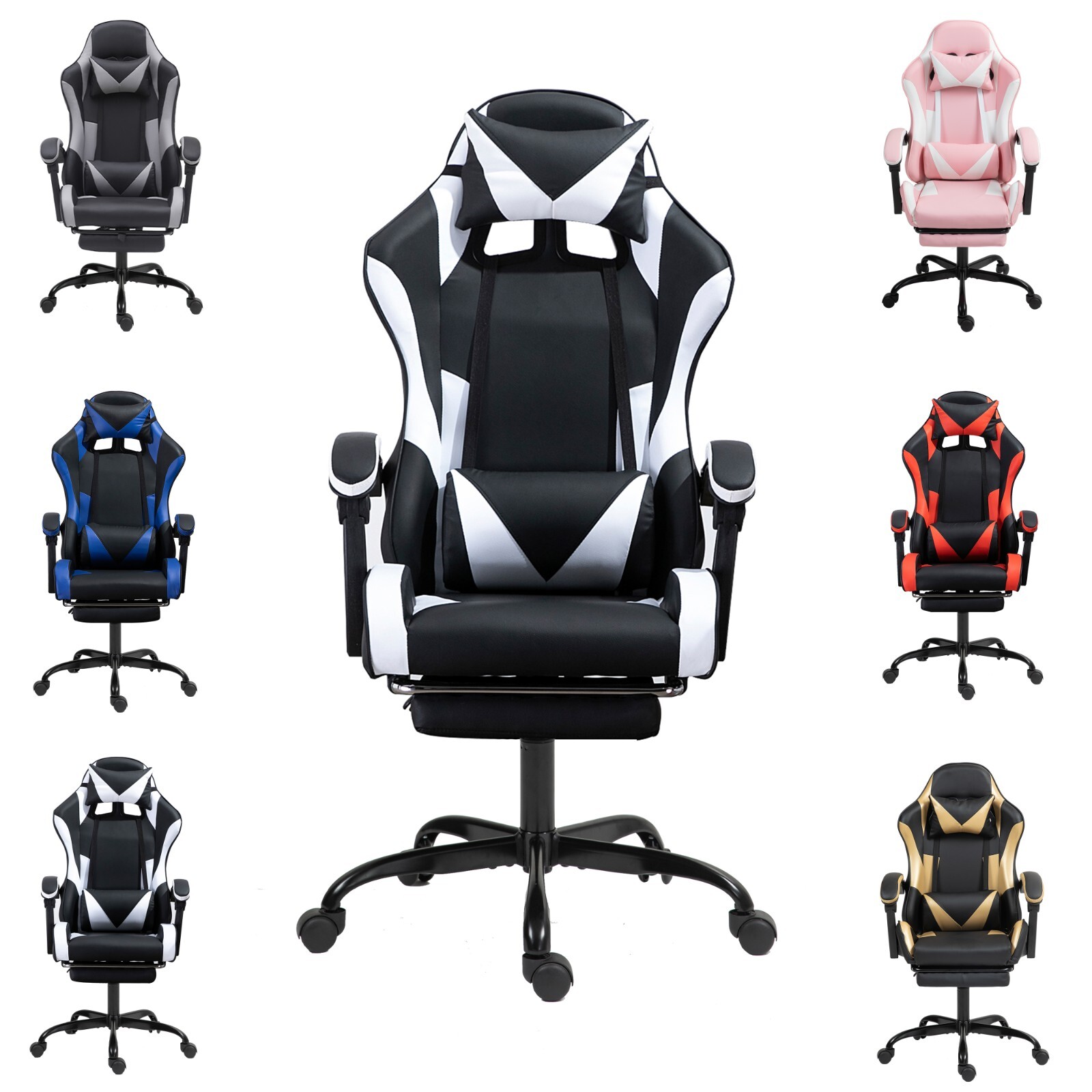 Ergonomic PU Racing Gaming Chair with Footrest USB Massage & Lumbar Support-image