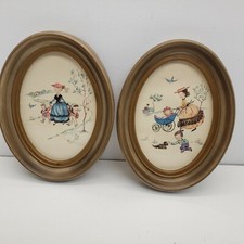 Vintage Oval Wood Framed Nursery Prints Set of 2 Mom And Children