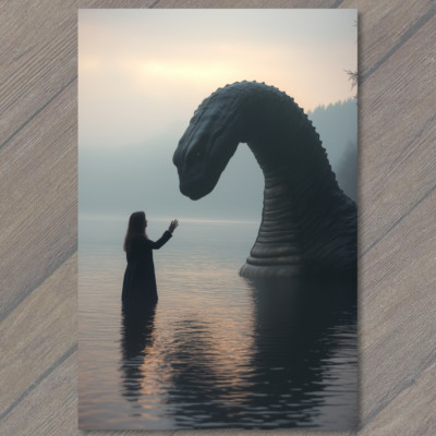 Art Print Dark Fantasy Girl Meets Loch Monster Misty Lake Mysterious Setting